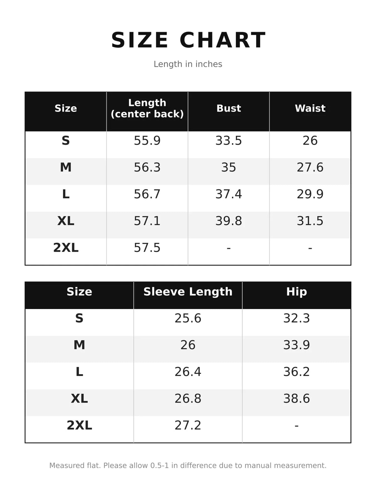 Size chart for lace flare sleeve maxi dress