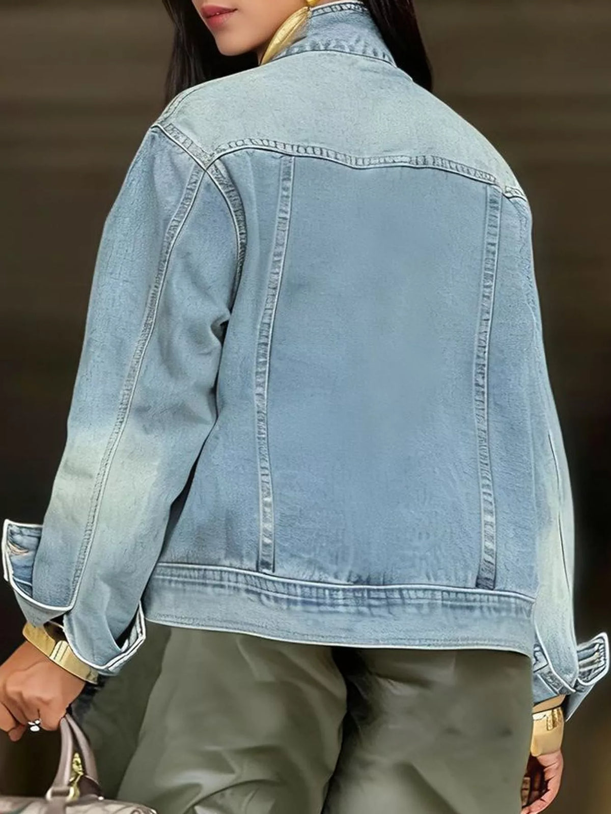 Light Blue asymmetric button-up denim jacket, back view