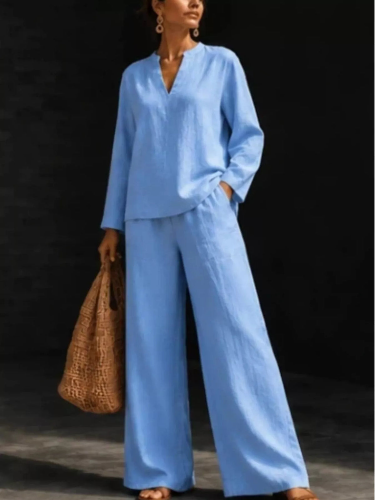 Trendsi Notched Long Sleeve Top and Pants Set -