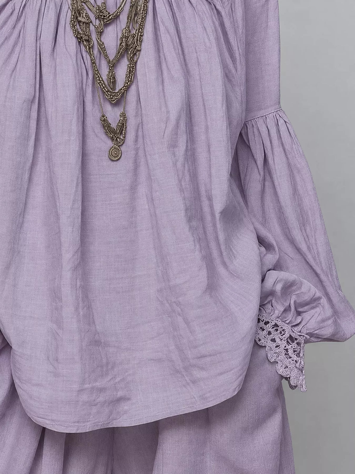 Purple lace mock neck long sleeve blouse, detail view