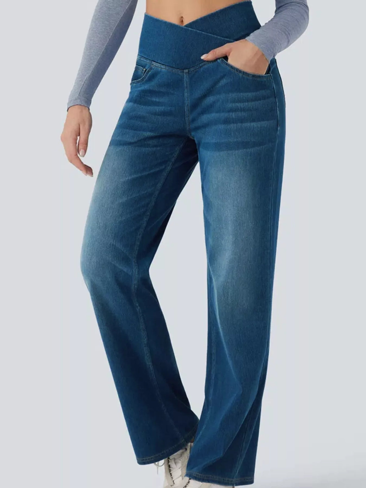High-Waisted Crossover Straight-Leg Jeans, front view