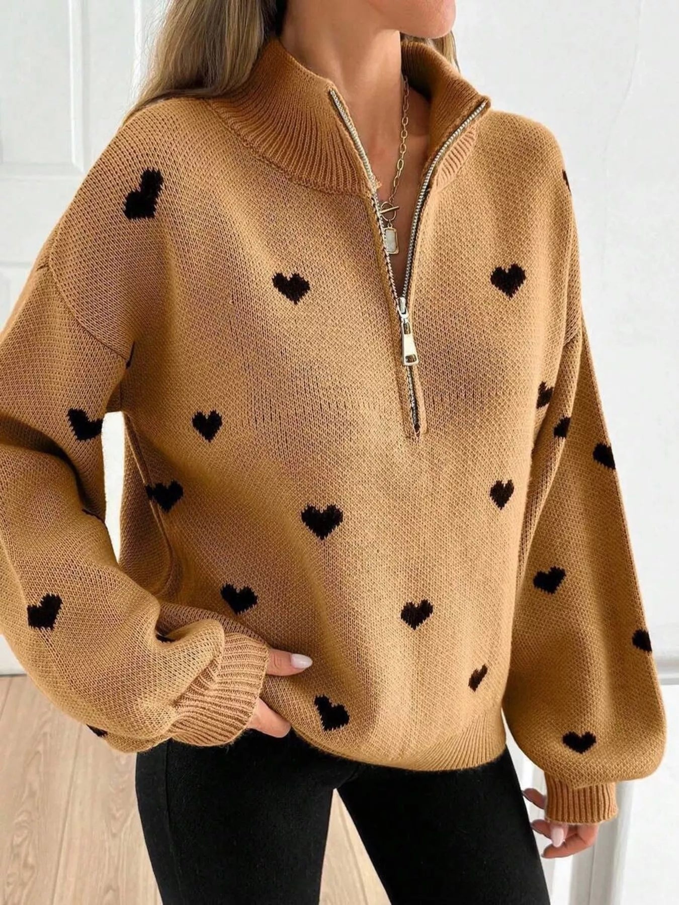 Trendsi Full Size Heart Half-Zip Long Sleeve Sweater Plus Size -