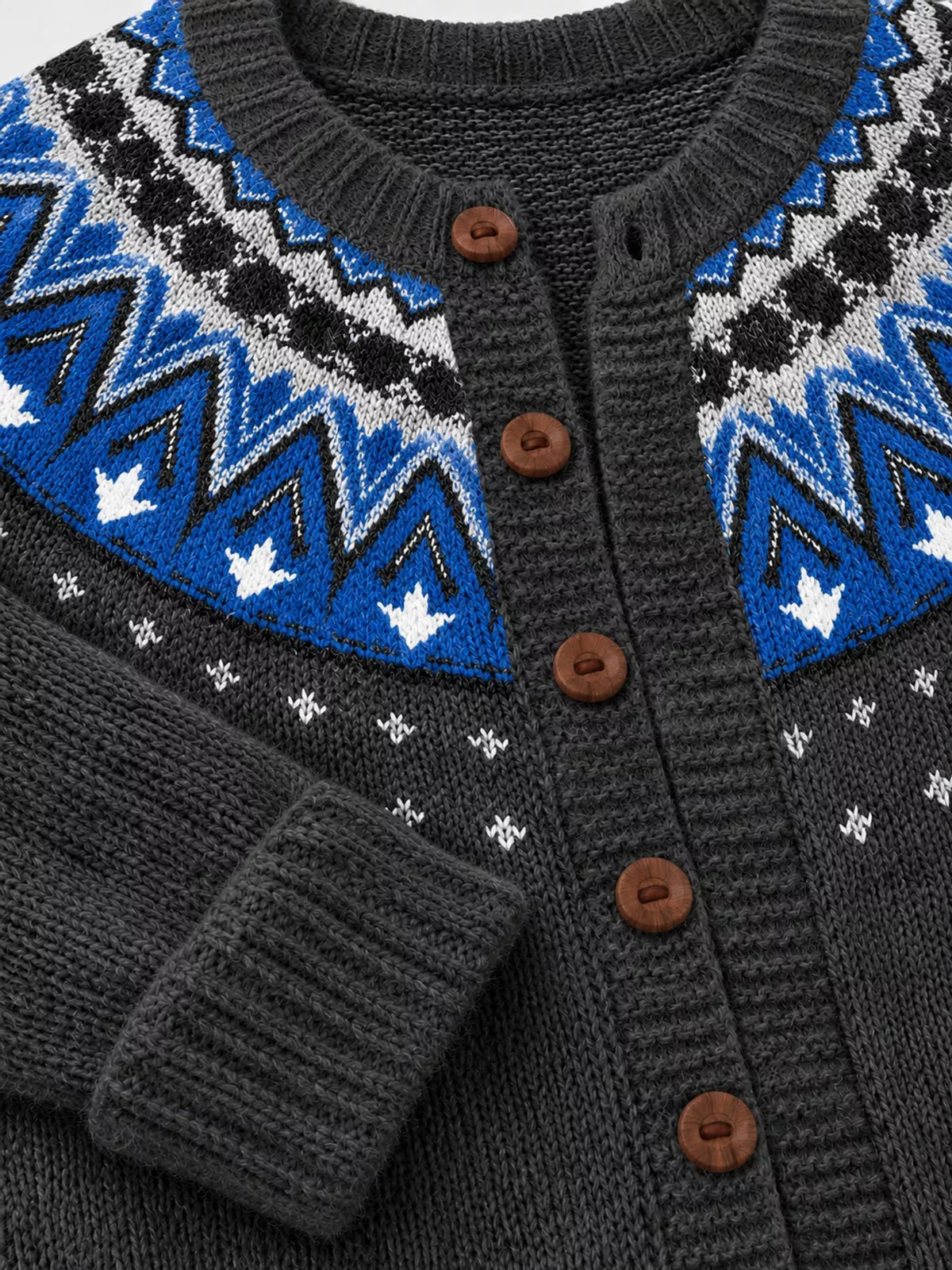 Black and blue patterned patterned button-front knit cardigan, detail view