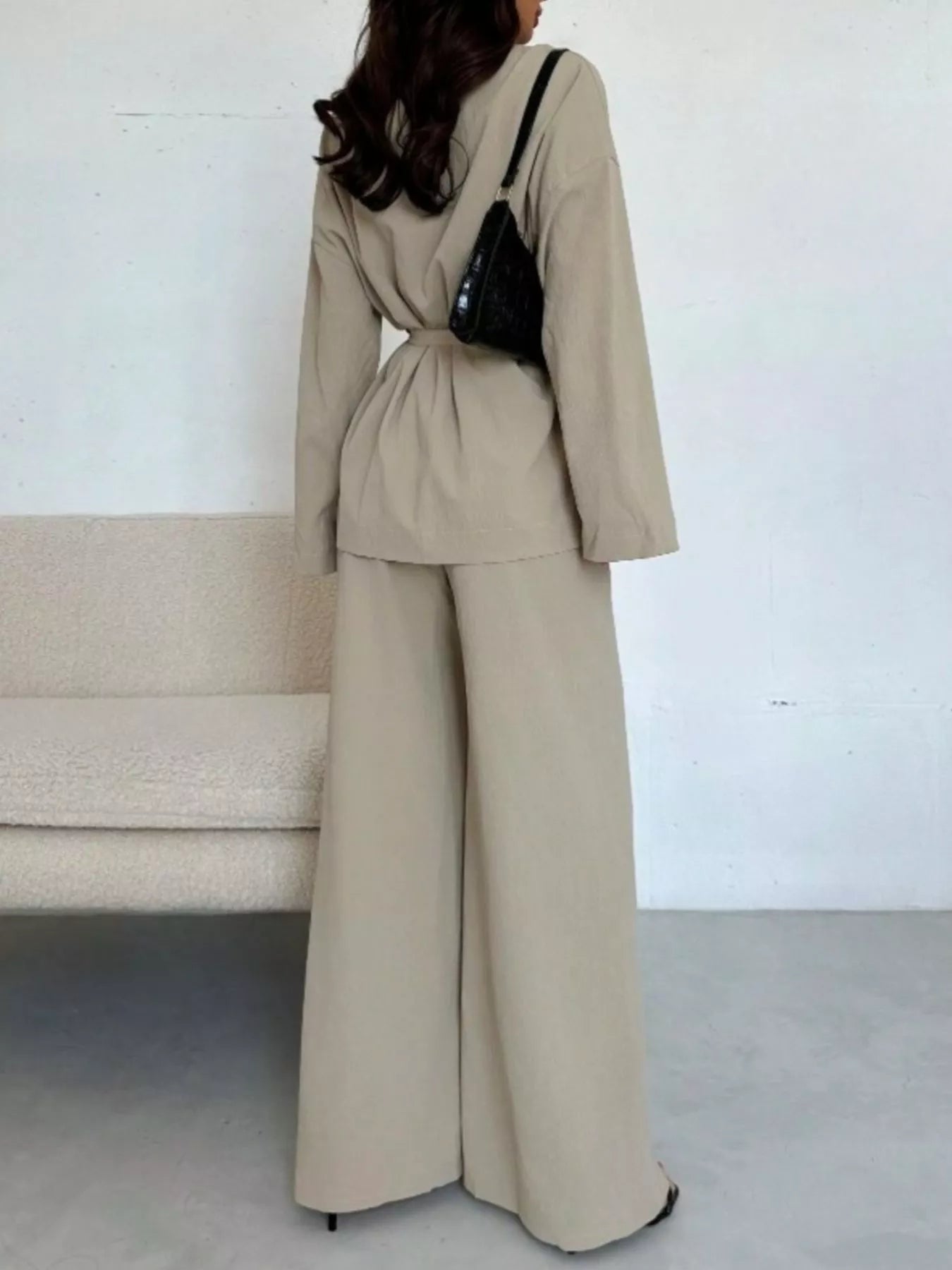 Trendsi Textured Tie Waist Top and Wide-Leg Pants Set -