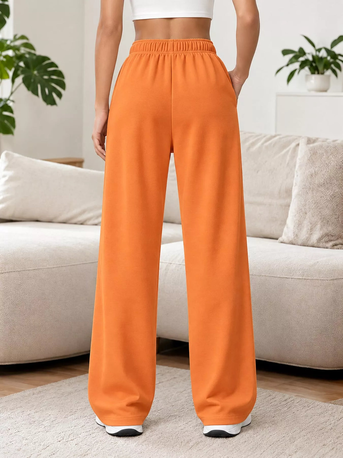 Orange wide-leg pants with drawstring