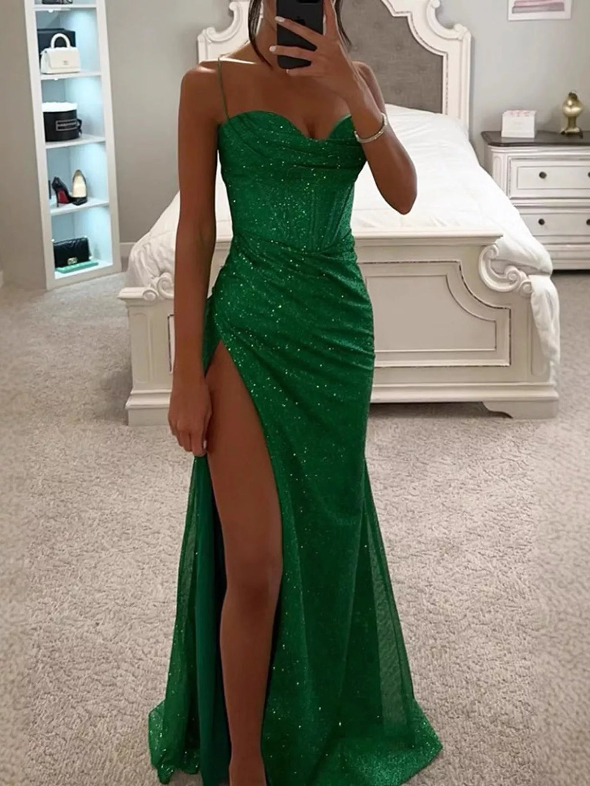 Green high-slit glitter maxi evening dress — front view