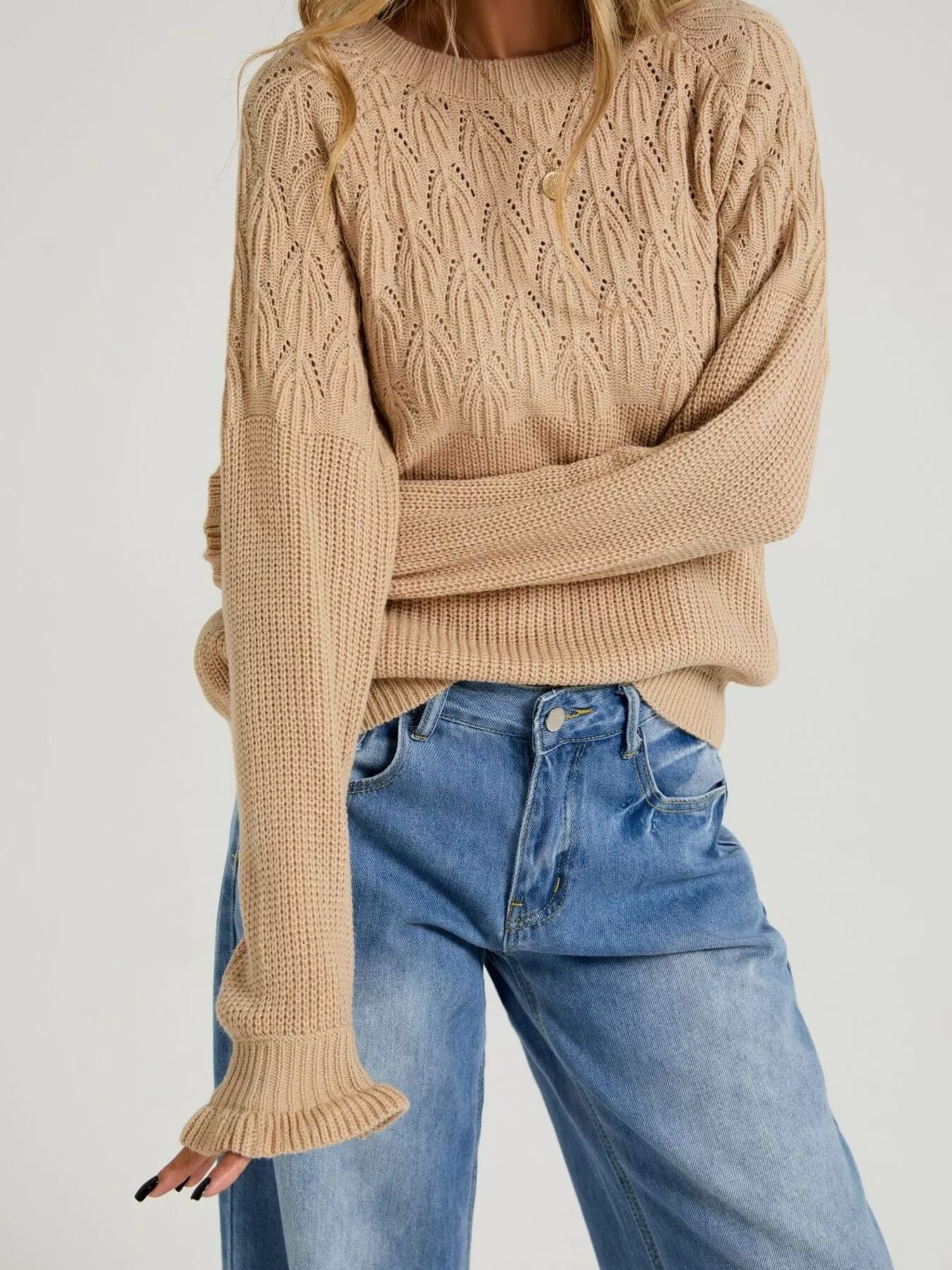 Trendsi Pointelle Knit Round Neck Sweater -