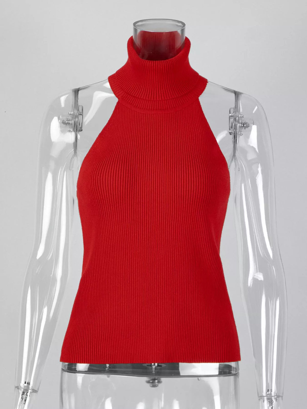 Red ribbed halter-neck tank, front on mannequin