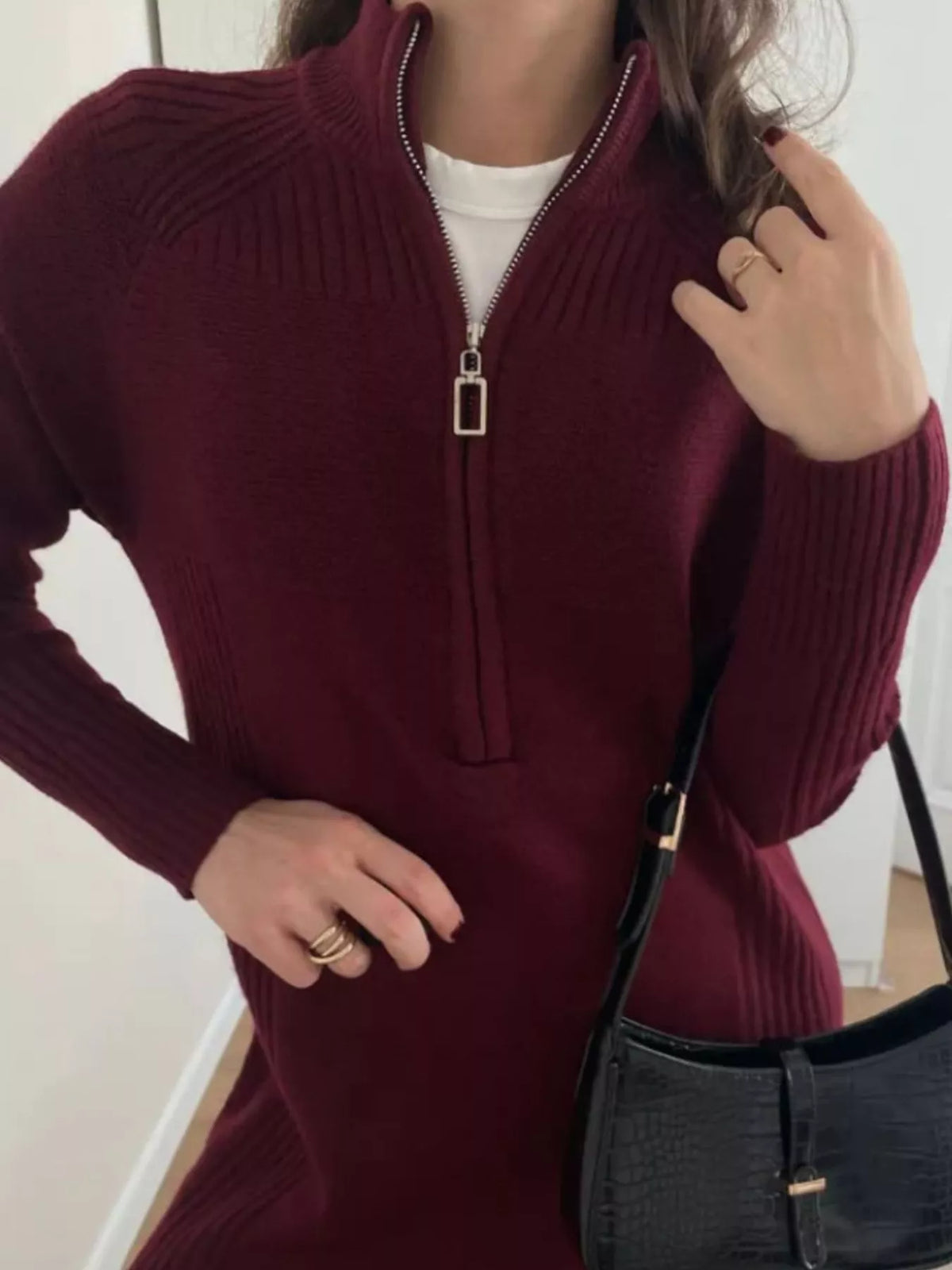 Burgundy half-zip ribbed knit sweater dress — design and construction details