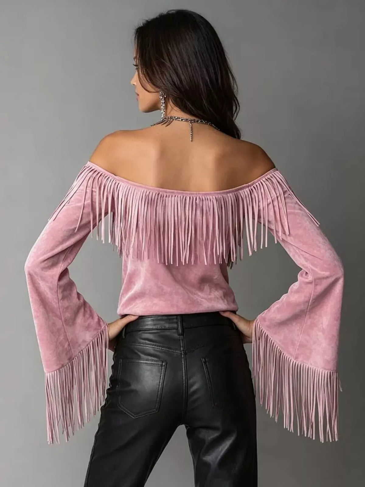 Fringed Off-Shoulder T-Shirt in pink, back view