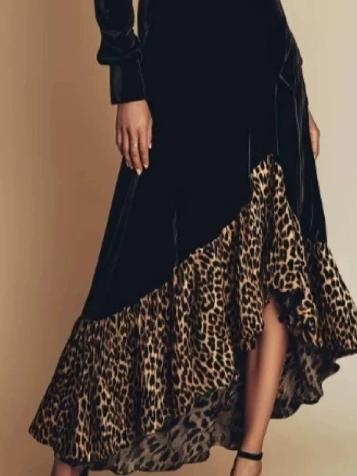 Leopard ruffle-hem mock-neck dress