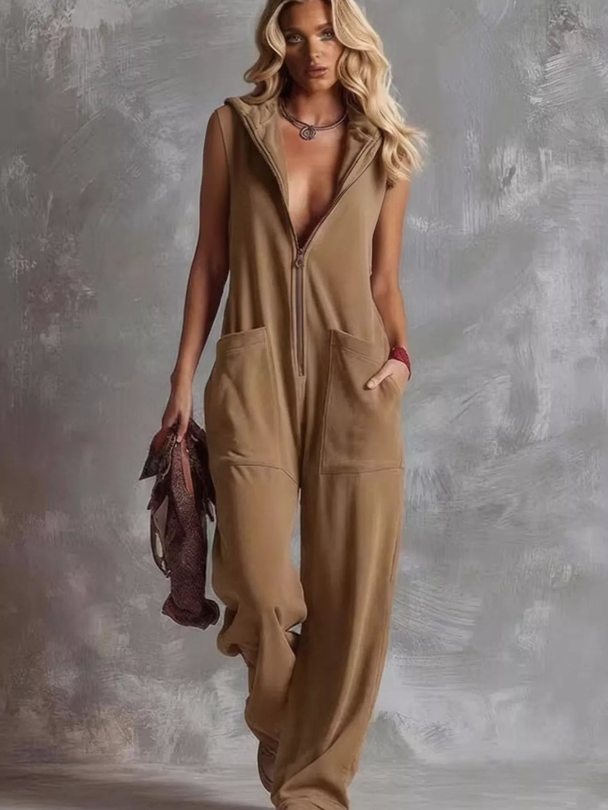 Trendsi Sleeveless Hooded Zip-Front Casual Jumpsuit -