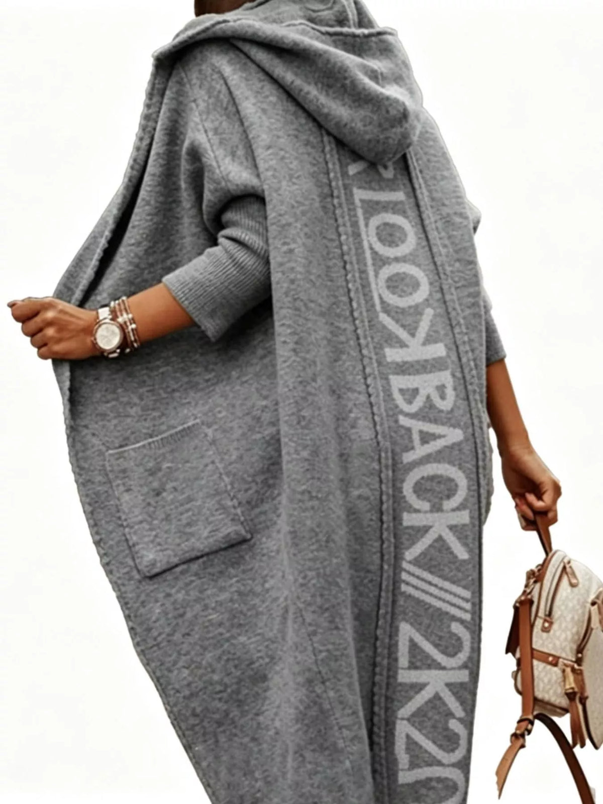 Women's Letter Back Hooded Cardigan in Dark Gray, alternate view