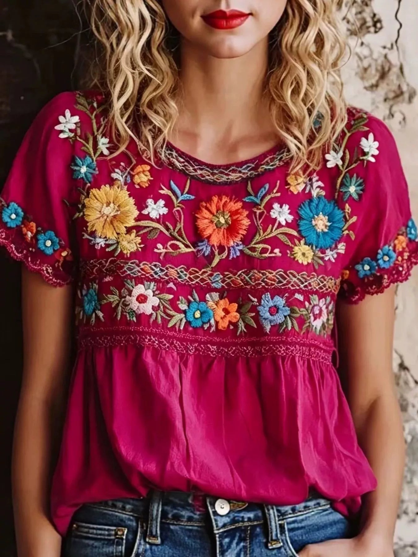 Trendsi Plus Size Embroidered Floral Short Sleeve Top -