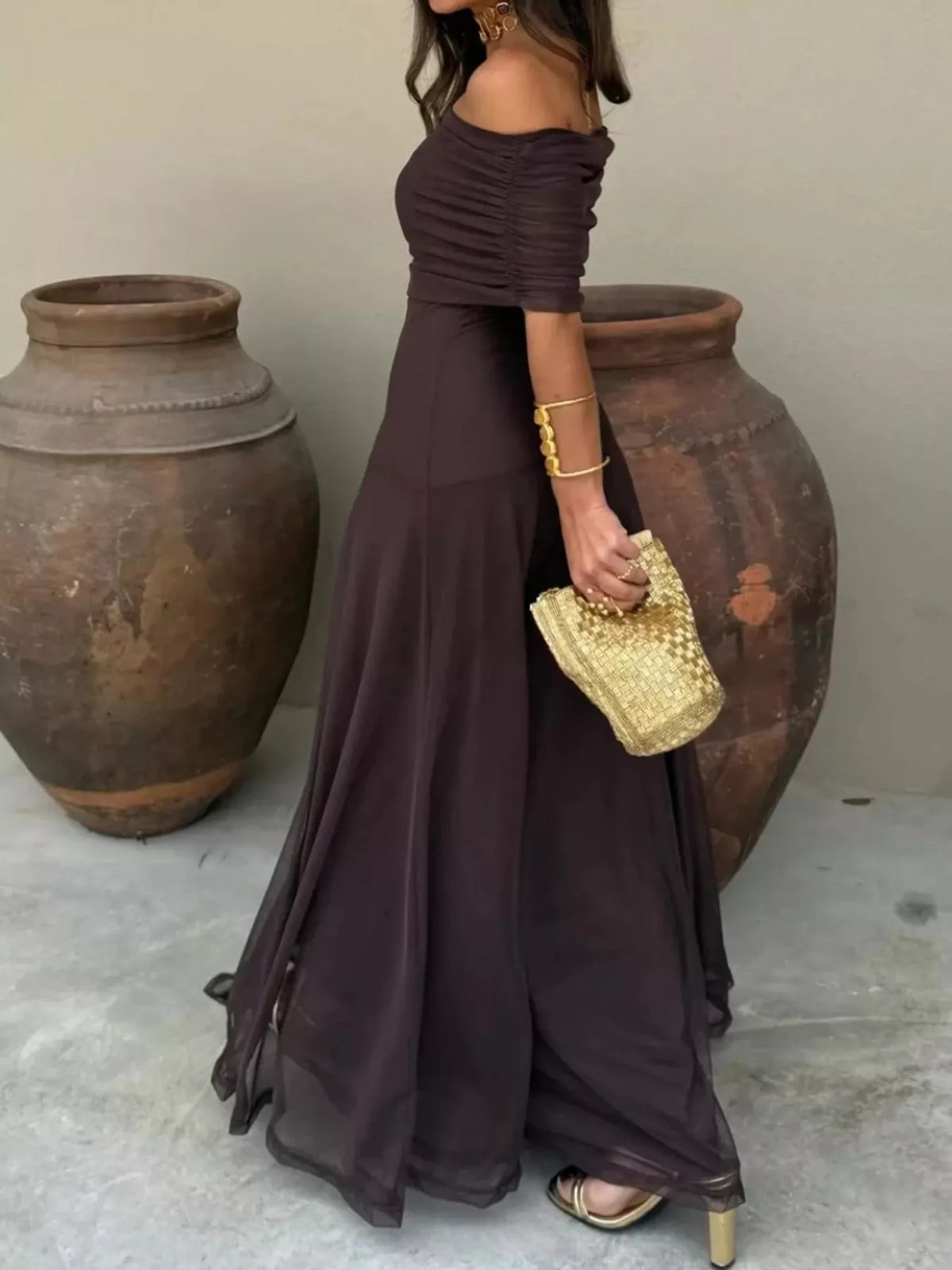 Brown off-shoulder ruched maxi dress — front view