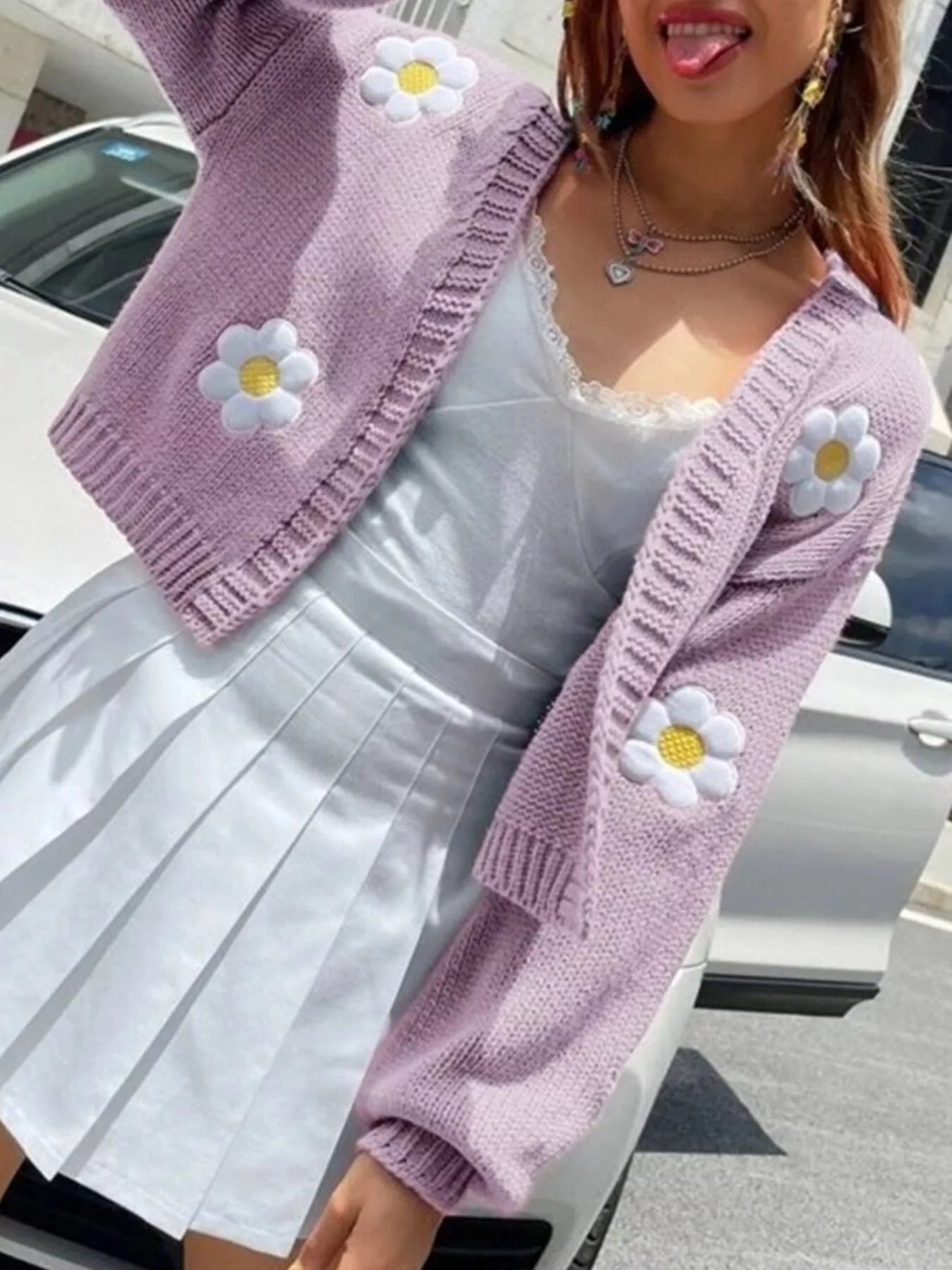 Trendsi Floral Open Front Knit Cardigan -