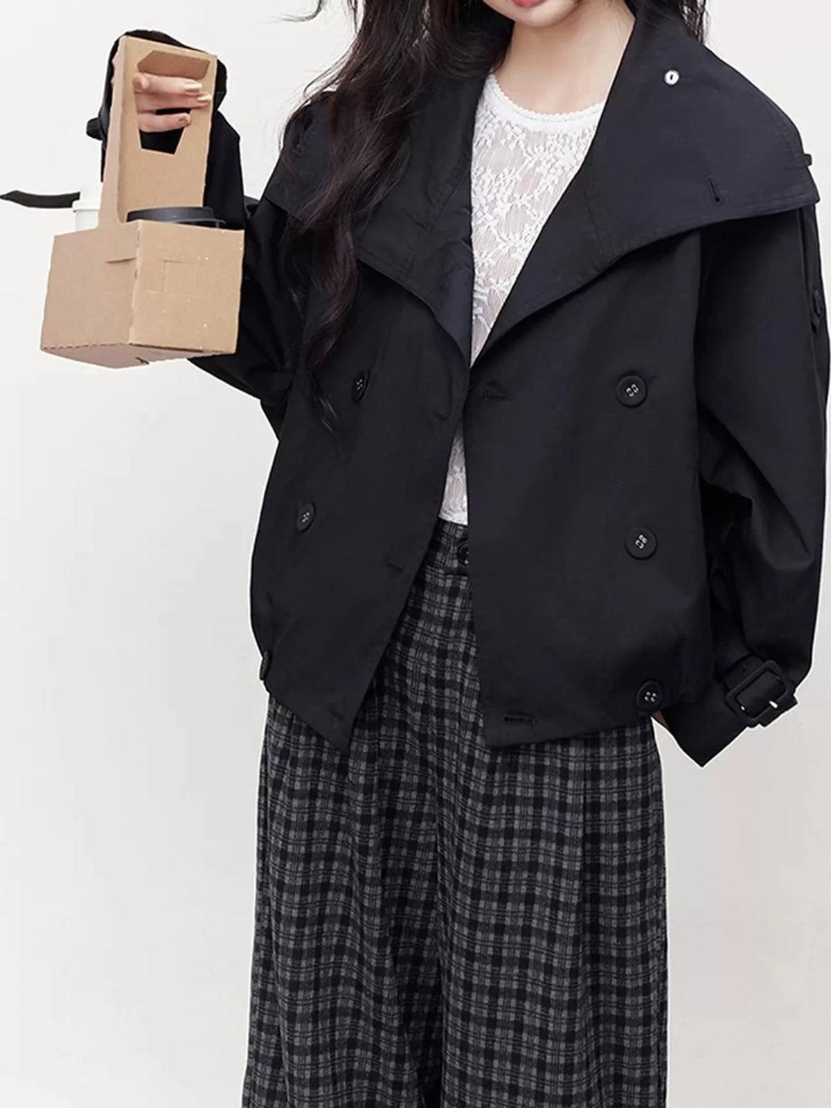 Lapel Double-Breasted Trench Jacket in black-2797