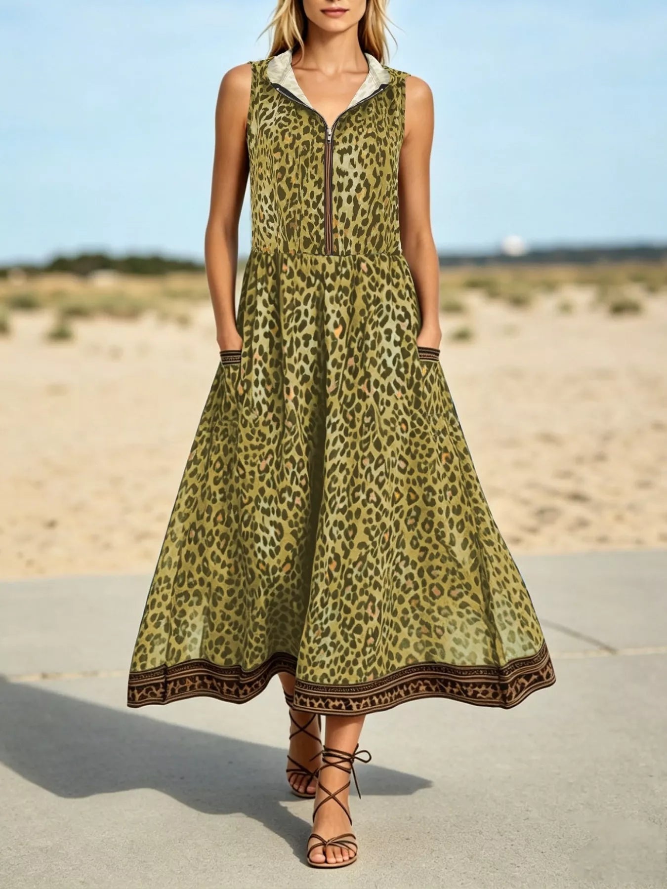 Trendsi Leopard Zip Front Hooded Dress -