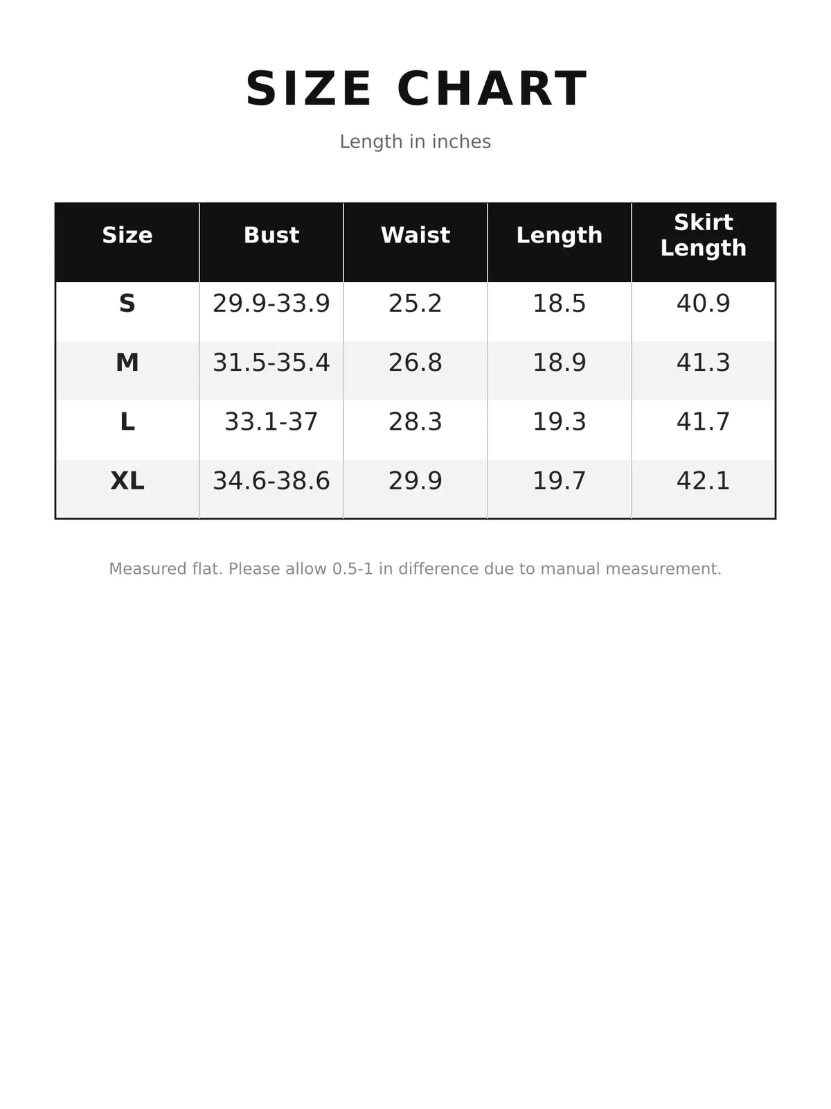 Size chart for halter top and skirt set