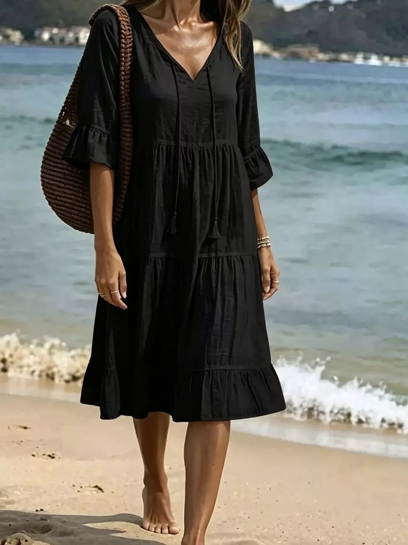 Trendsi Full Size Tiered Tie Neck Flounce Sleeve Dress Plus Size -