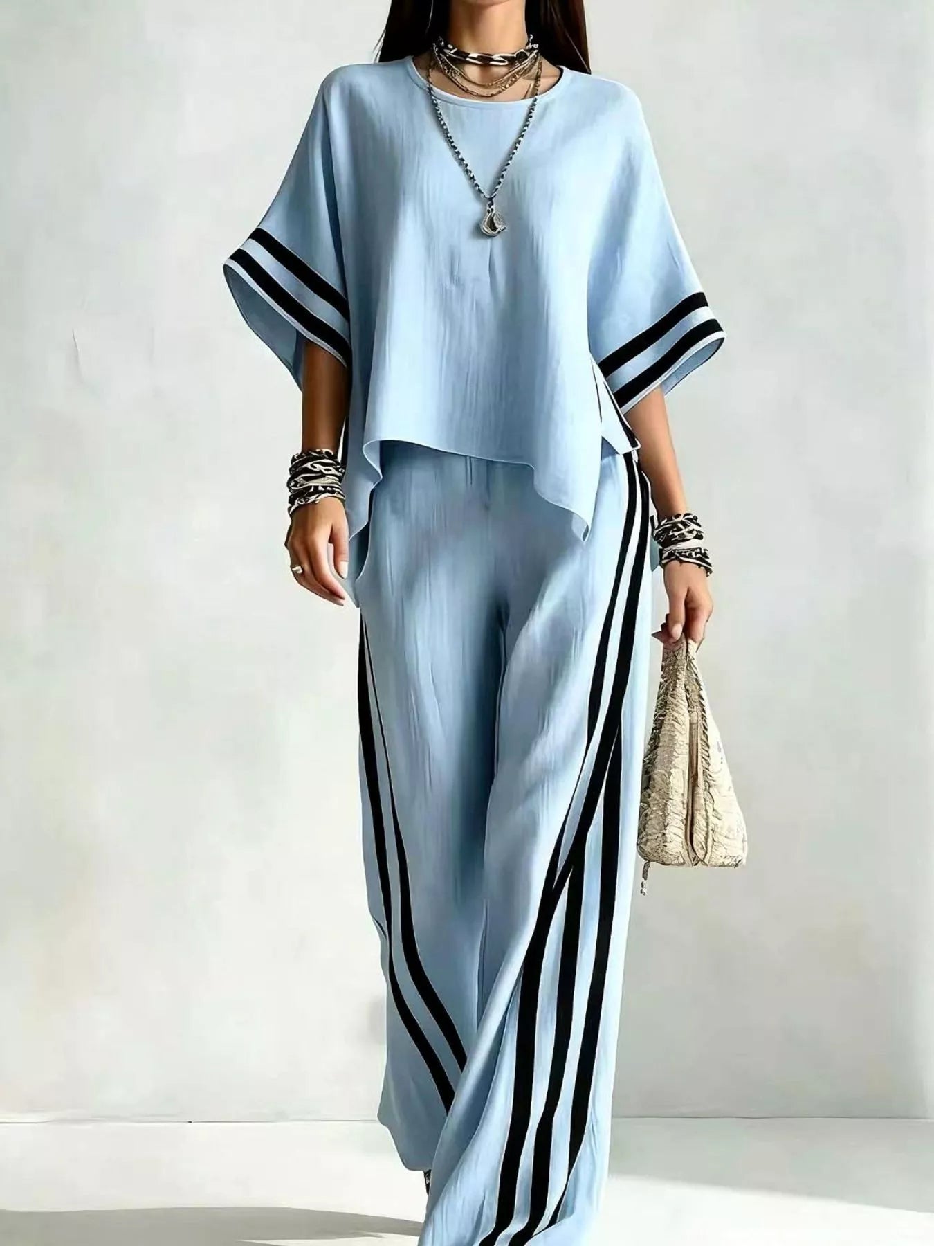 Trendsi Full Size Striped 3/4 Sleeve Top and Pants Set Plus Size -