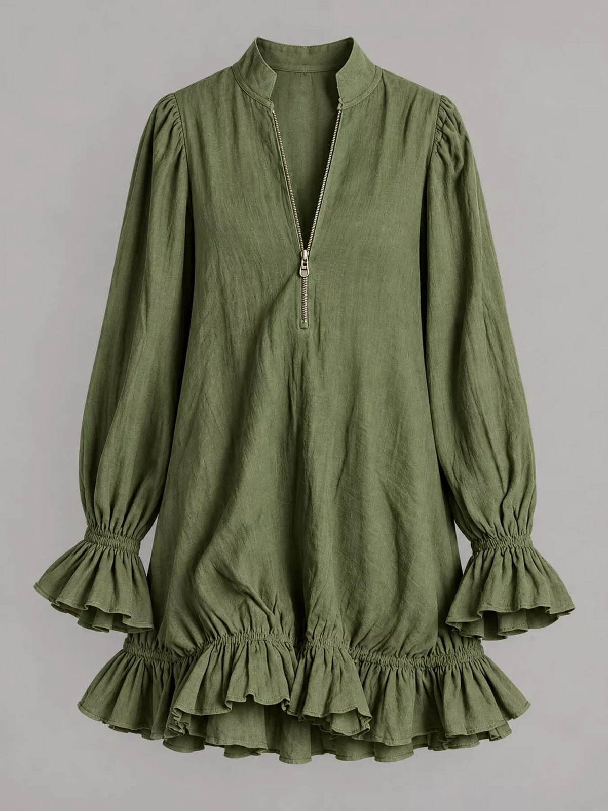 Ruffled-hem mini dress, olive flat front