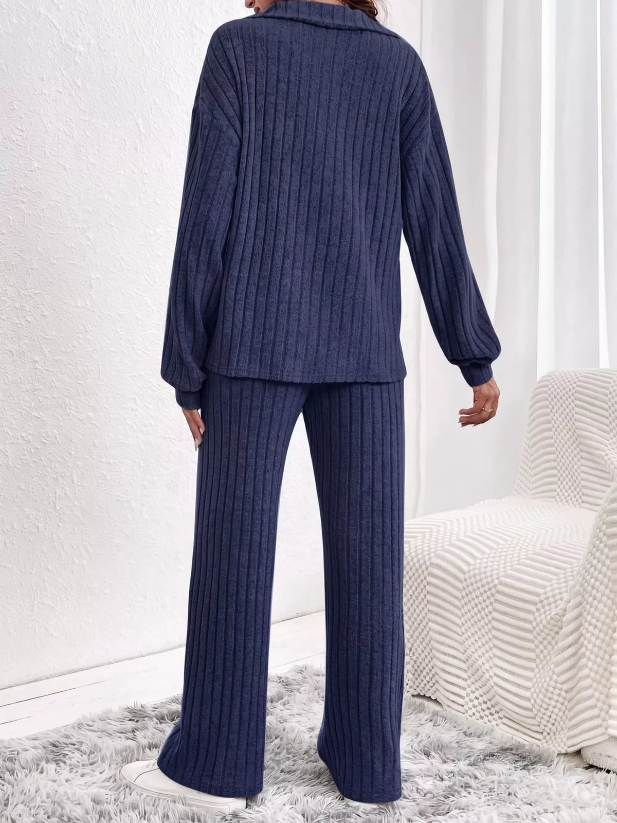 Ribbed Knit Collared Top and Wide Leg Pants Set, back view in navy blue