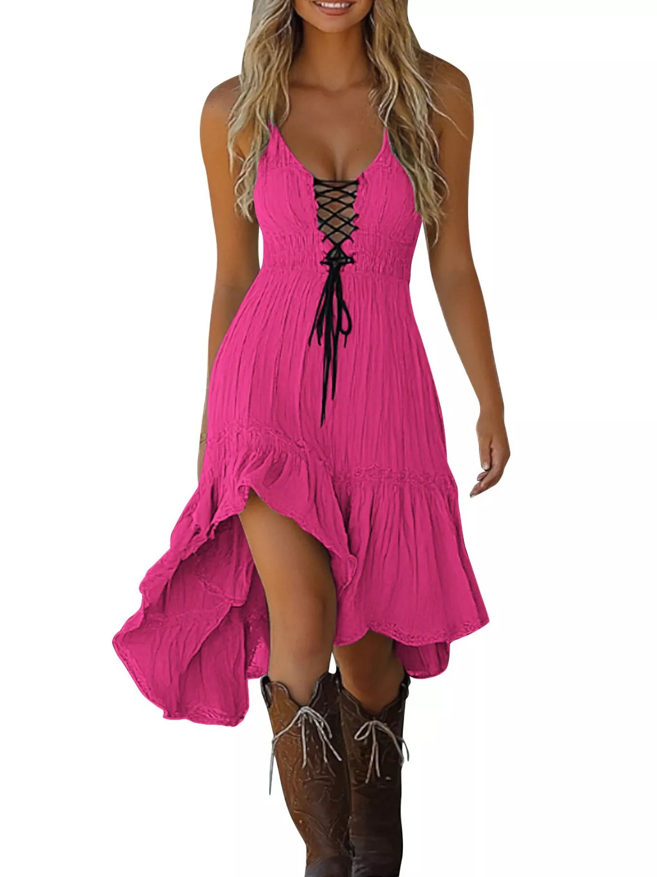 Trendsi Lace-Up Front High-Low Ruffle Hem Dress -