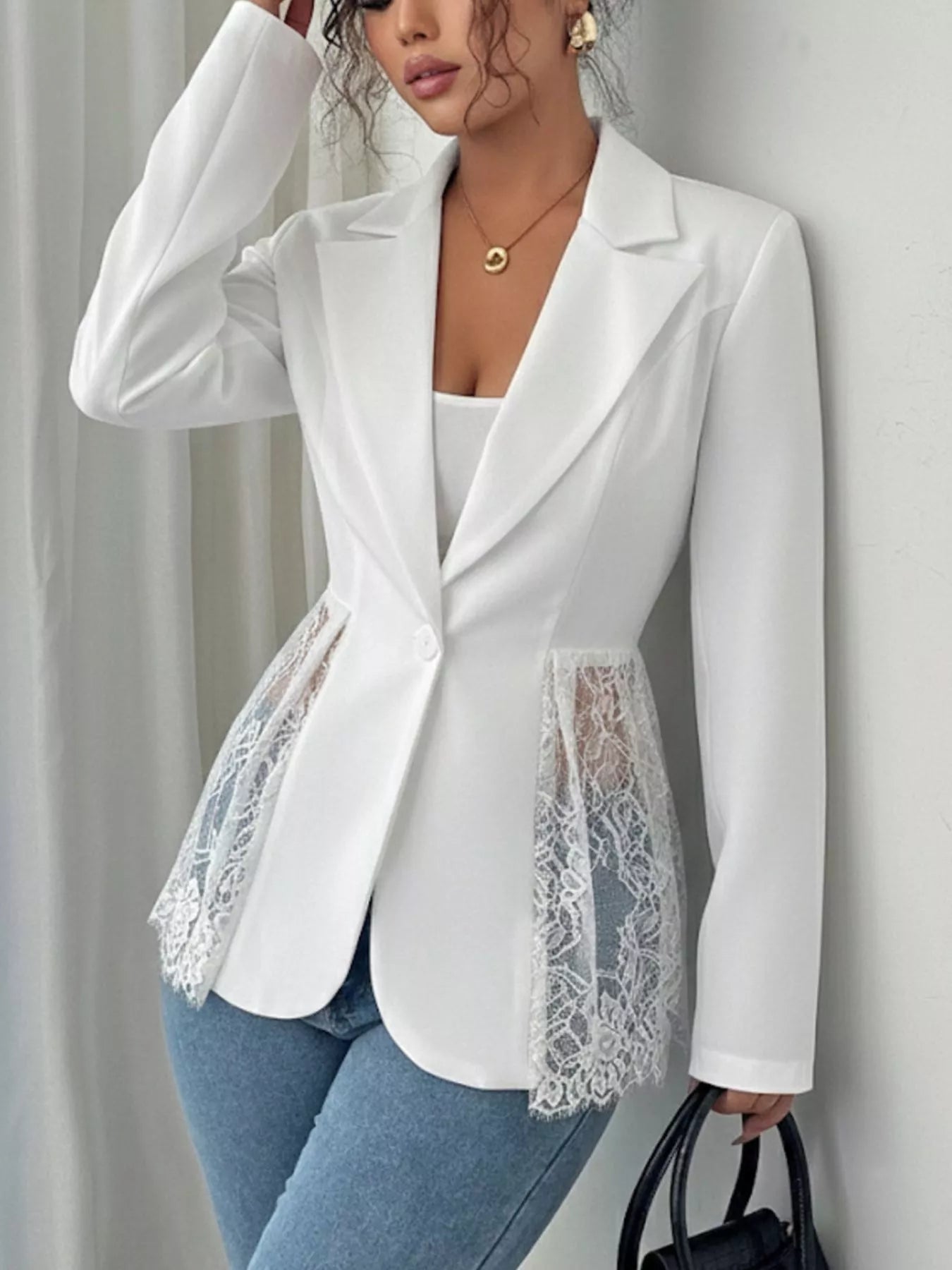 Trendsi Lace Detail One Button Blazer -