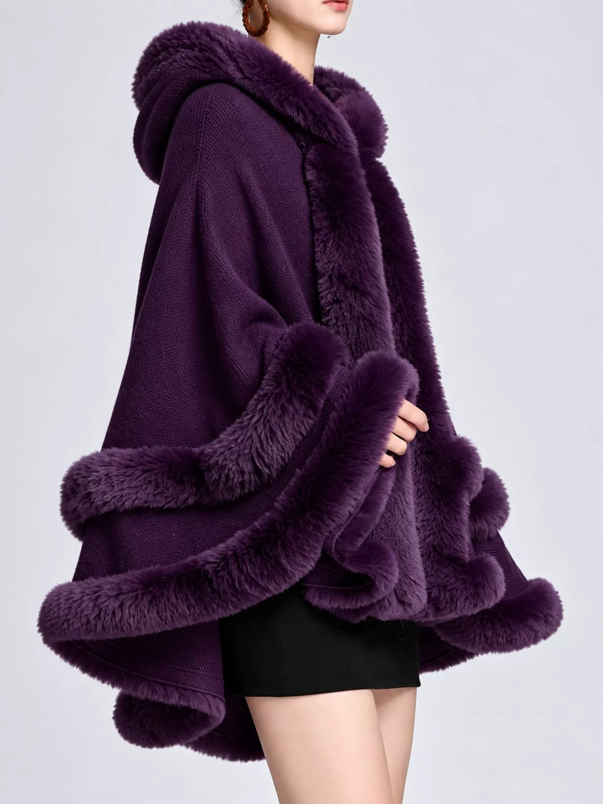 Faux-fur-trim cape, purple side