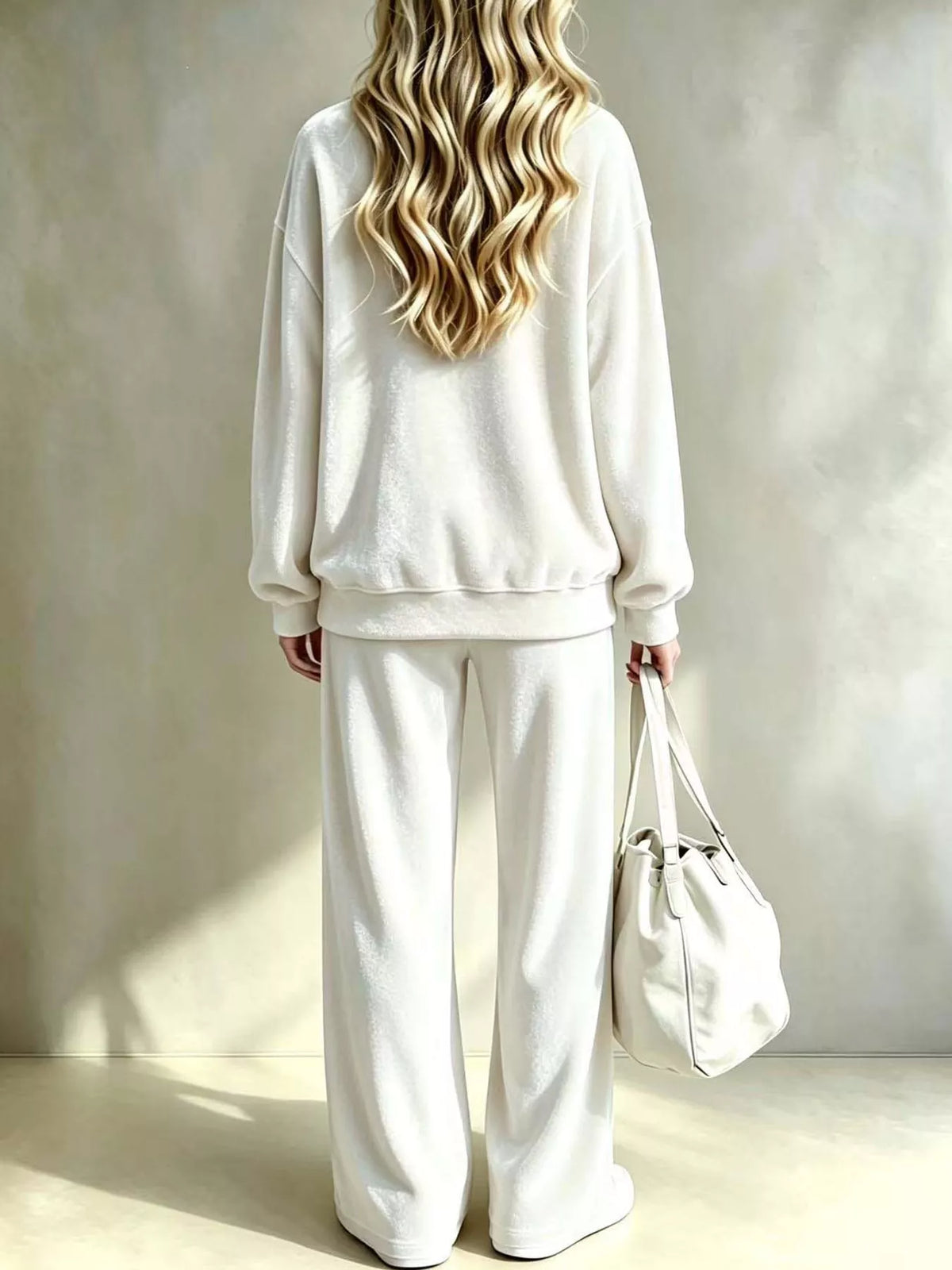 Velour Long Sleeve Top and Wide-Leg Pants Set — back view
