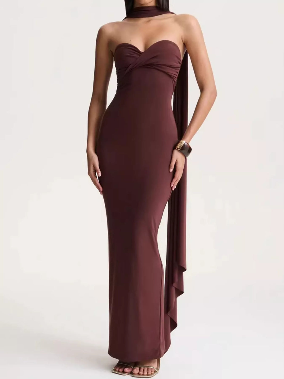 Brown strapless ruched bodycon maxi dress with scarf, front view