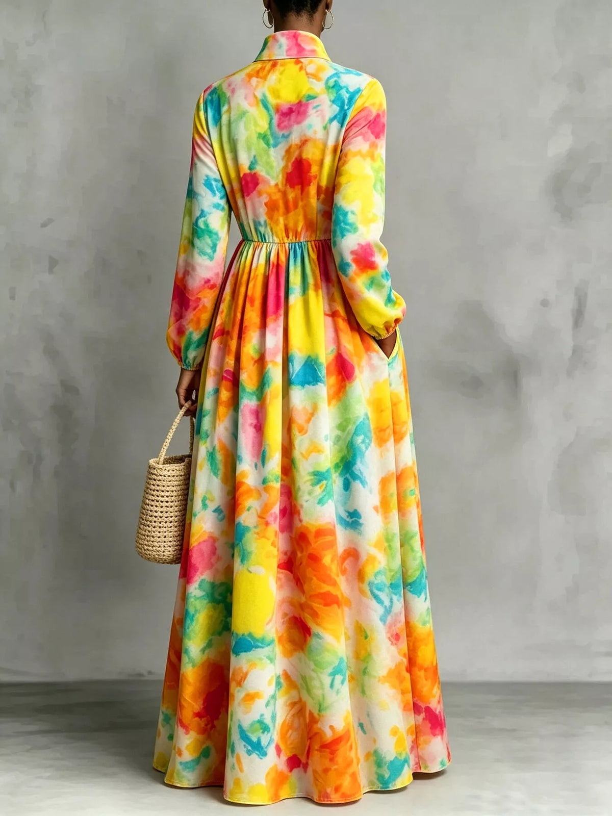 Watercolor Print Long-Sleeve Button-Down Maxi Dress in multicolor, back view