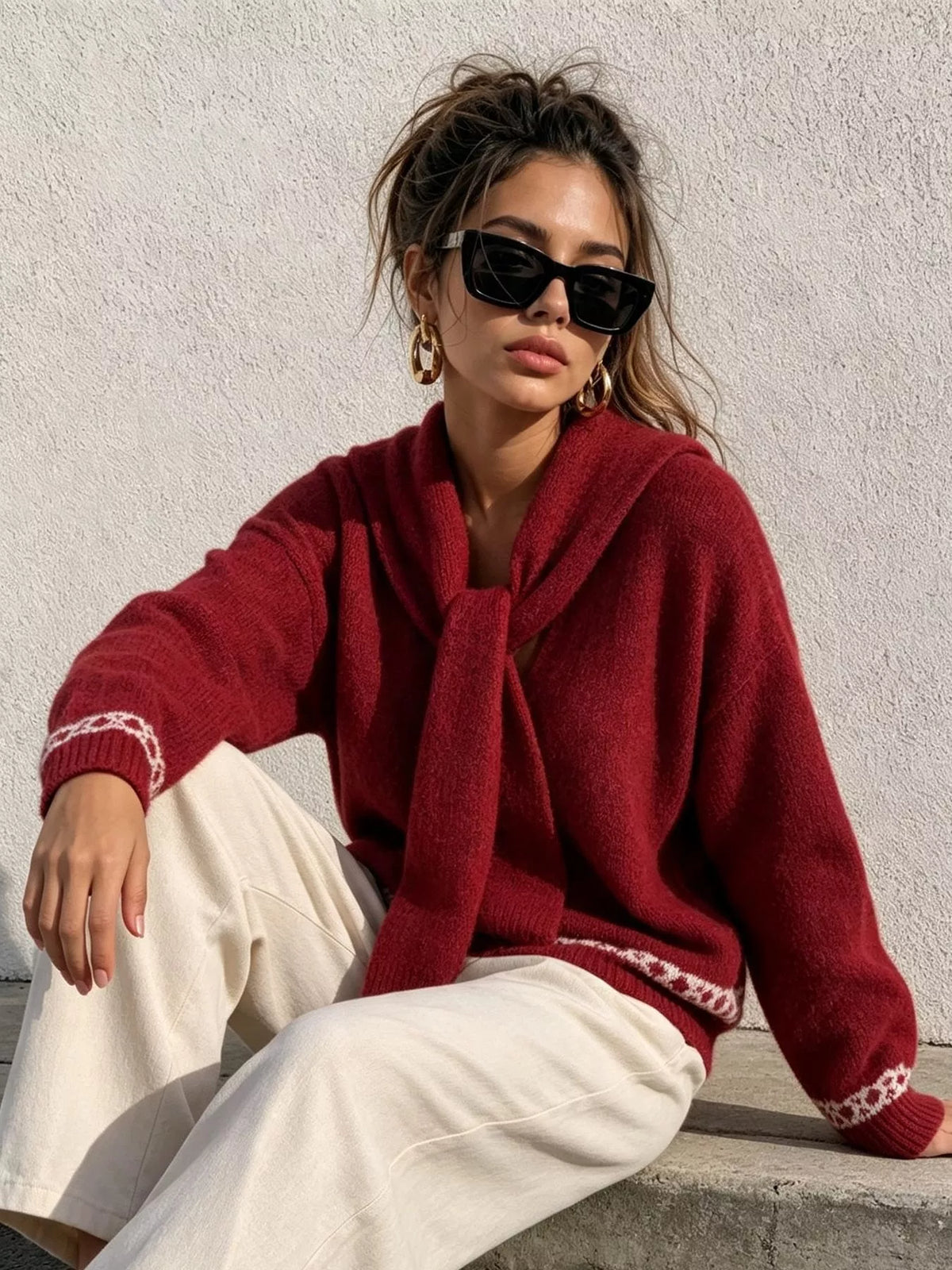 Red scarf-detail dropped-shoulder sweater, seated front view.