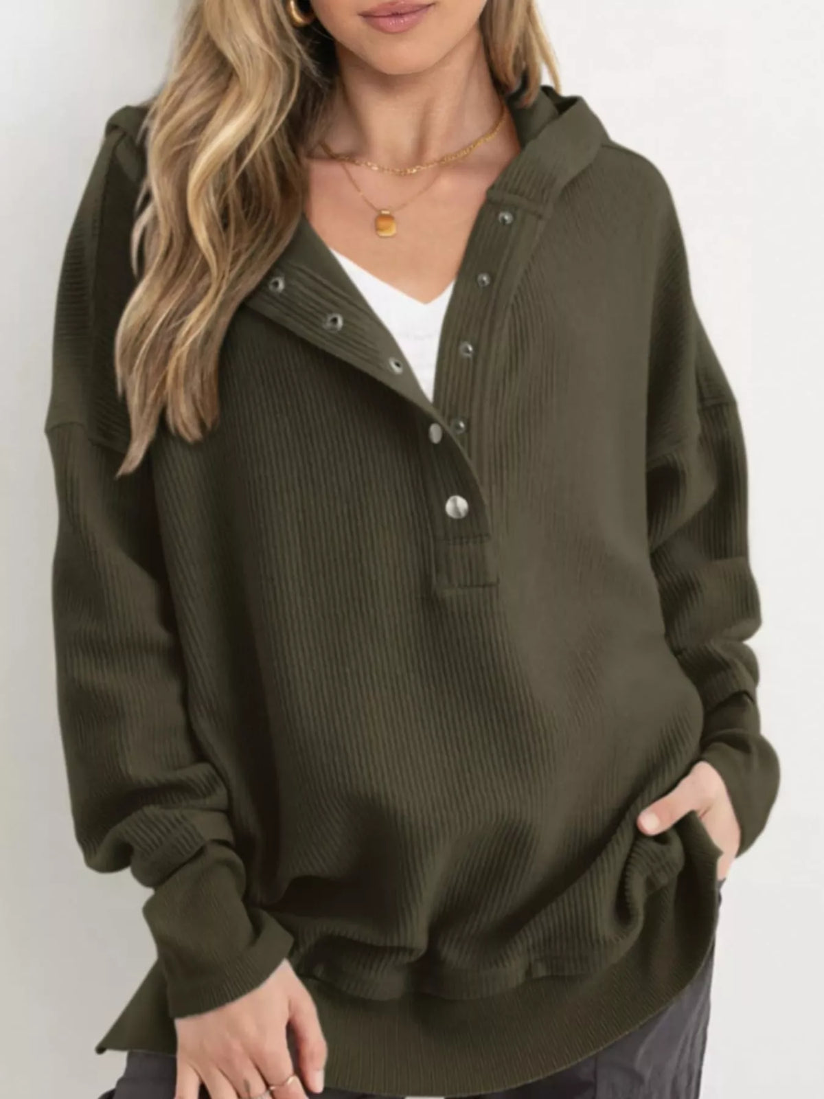 Women's Snap Button Placket Dropped Shoulder Hoodie in olive — front view