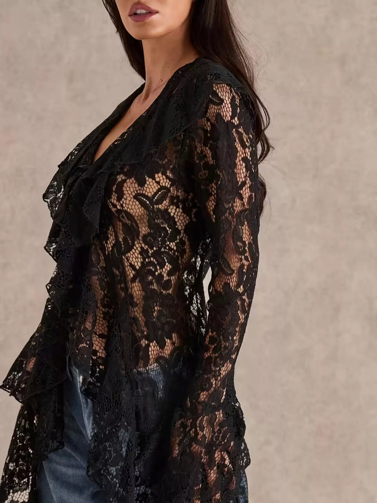 Lace ruffle-trim high-low blouse