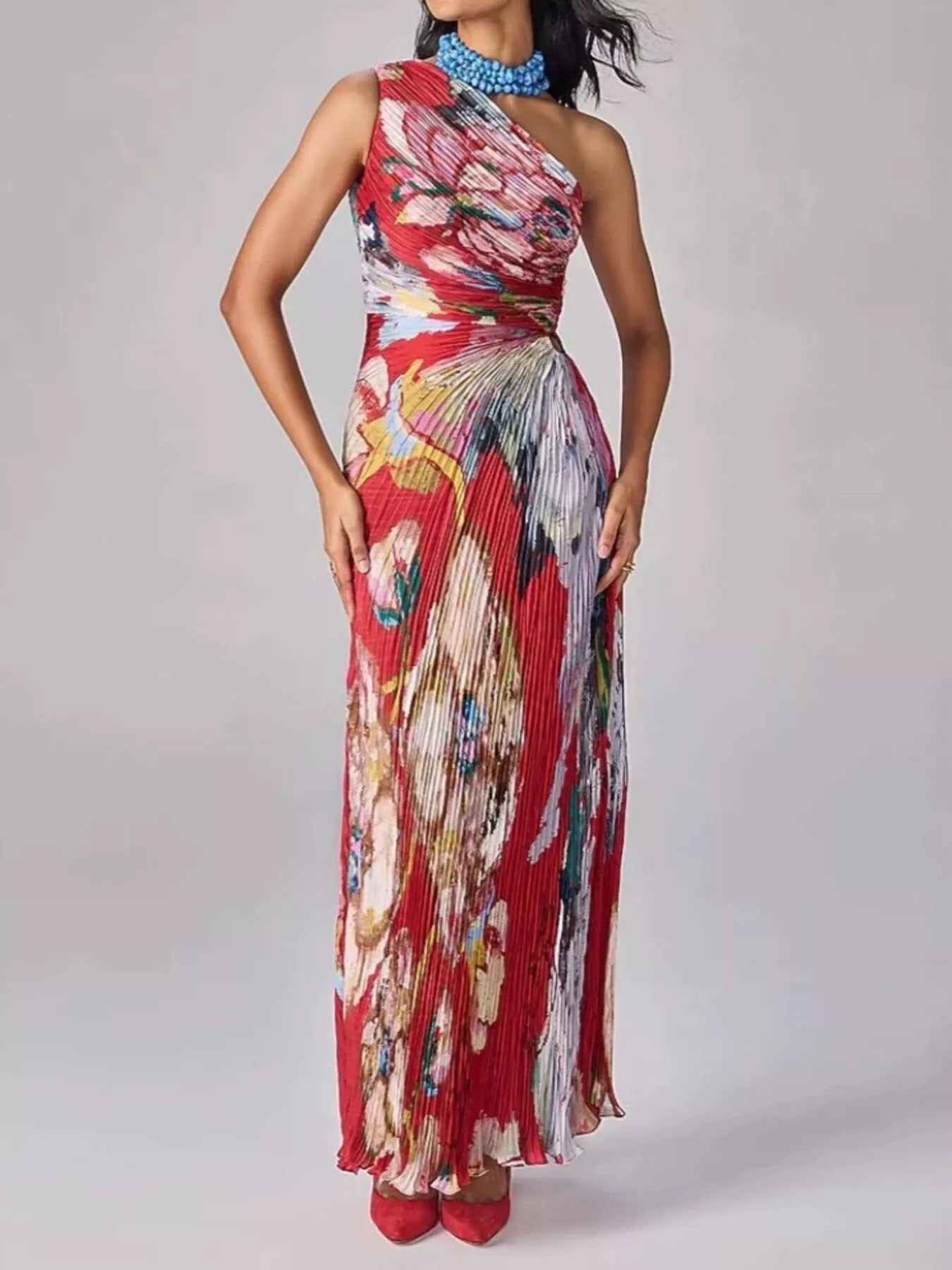 Trendsi One-Shoulder Pleated Floral Maxi Dress -