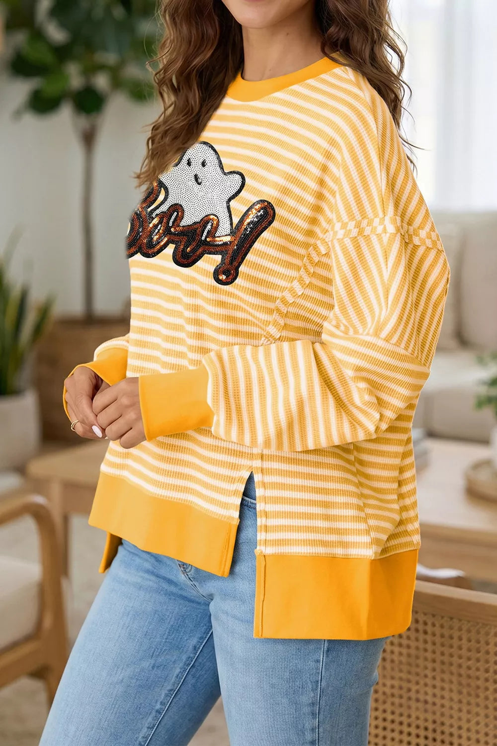 Women's striped Boo sequin ghost Halloween long sleeve top