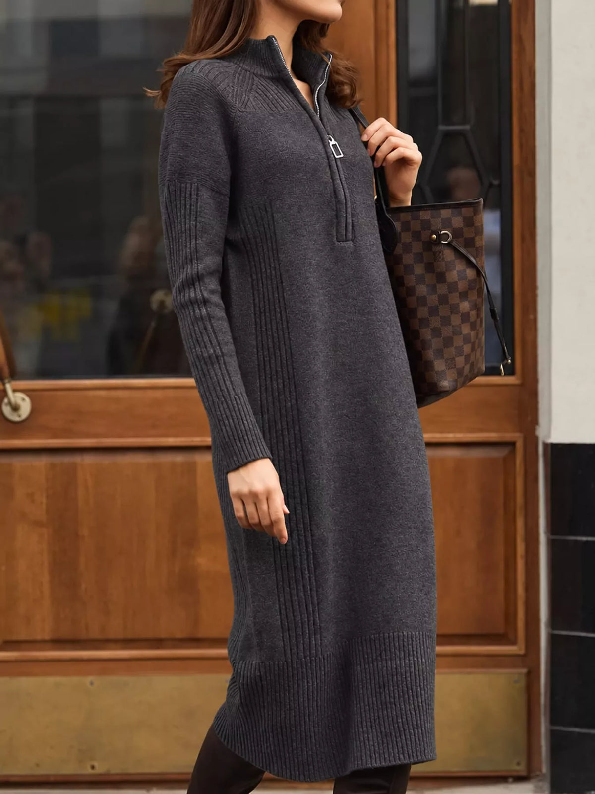 Charcoal half-zip ribbed knit sweater dress — front view