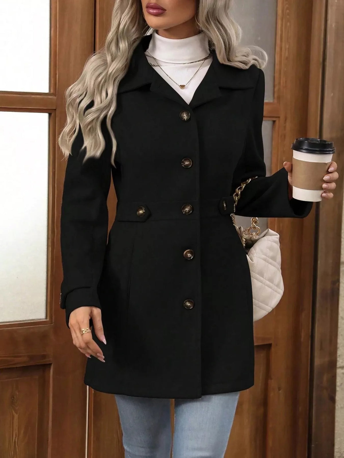 Black single-breasted coat, buttoned front view