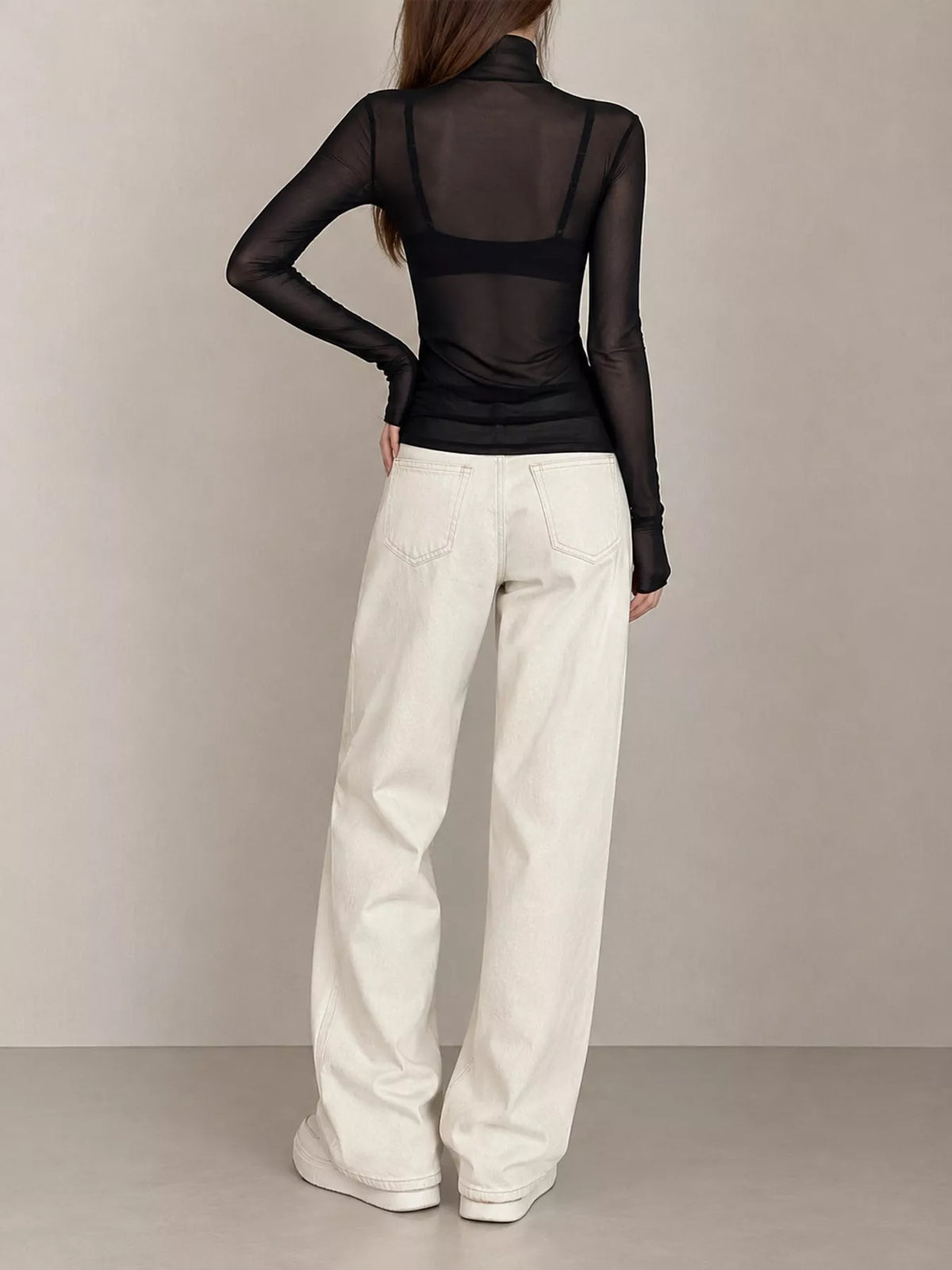 Black sheer turtleneck mesh t-shirt, back view