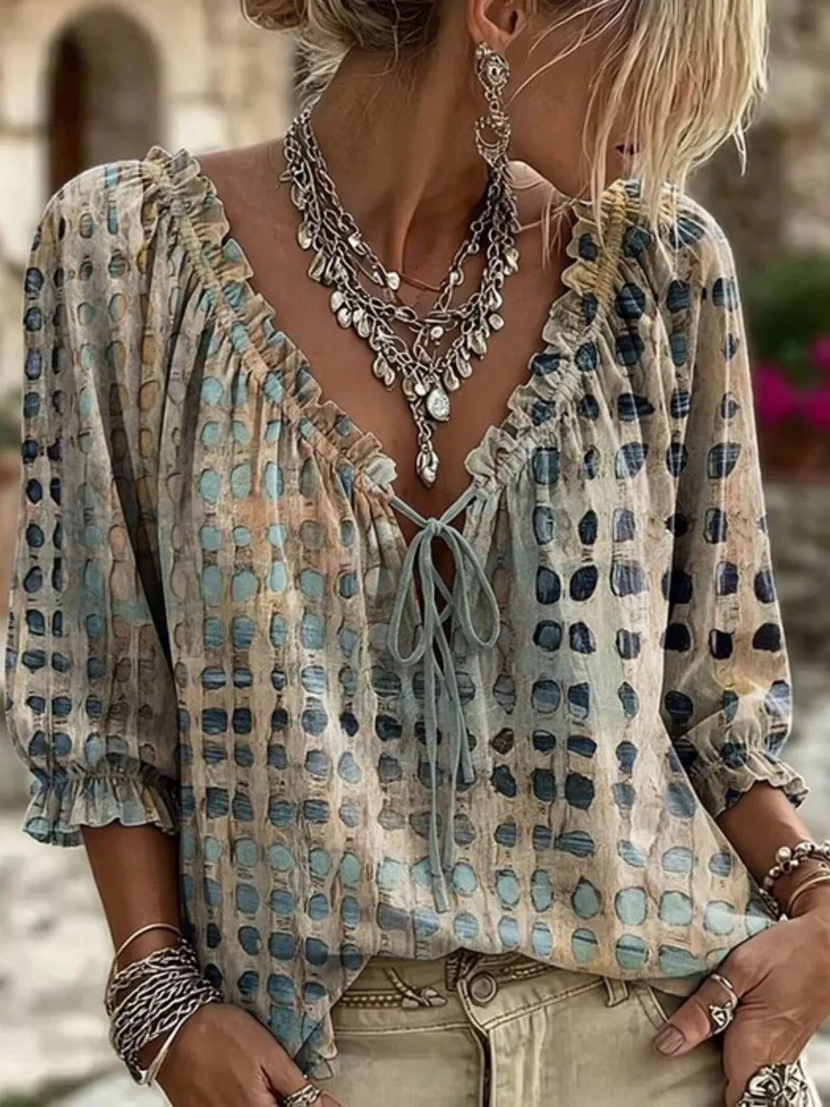 Dust Storm Tie Neck 3/4 Sleeve Blouse front view