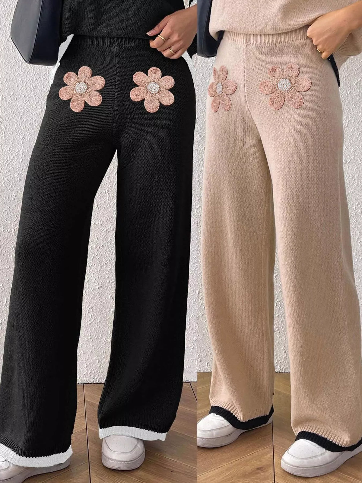 Trendsi Floral Applique High-Waisted Wide-Leg Sweater Pants -