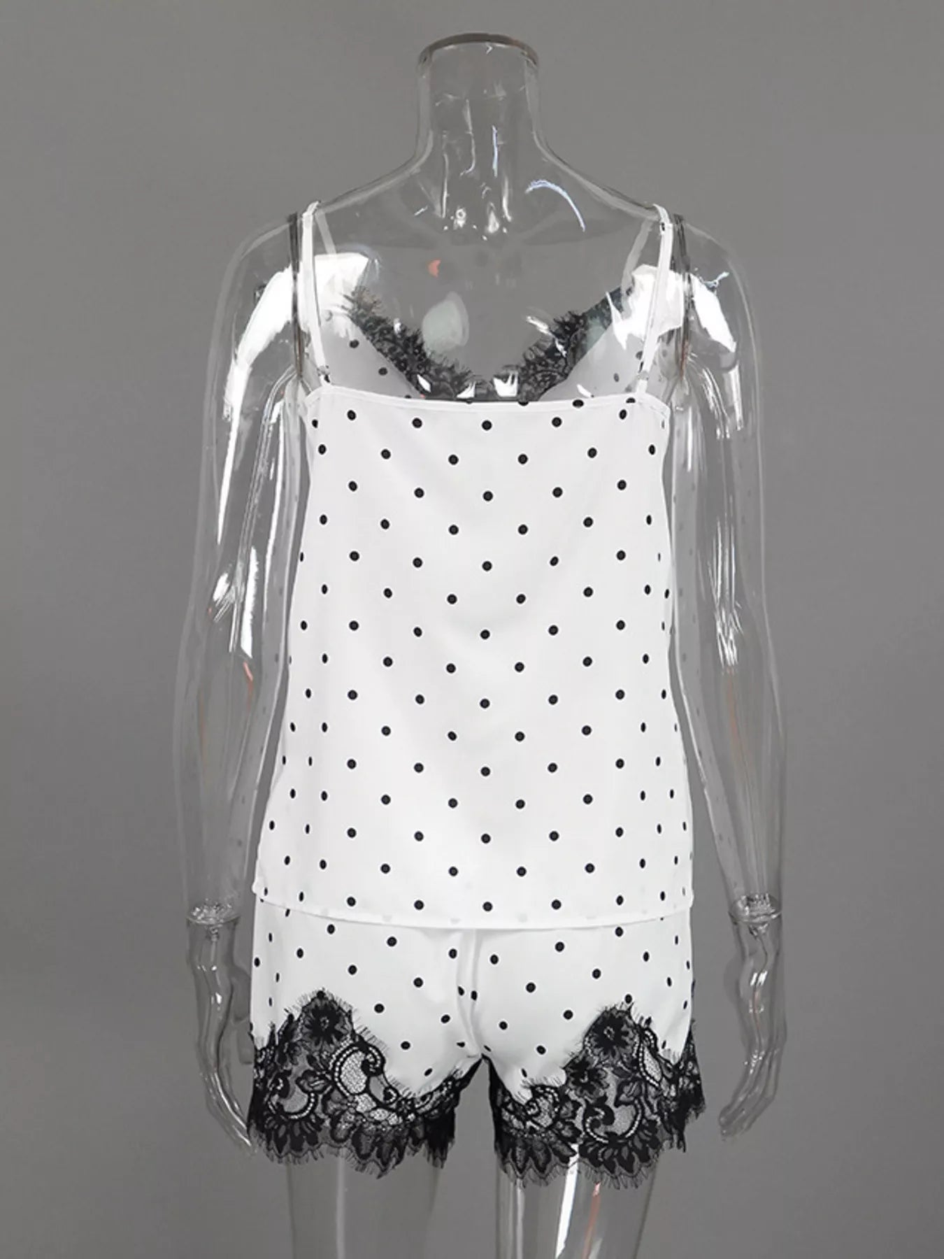 Trendsi Polka Dot Lace Trim Cami & Cardigan and Shorts Set -