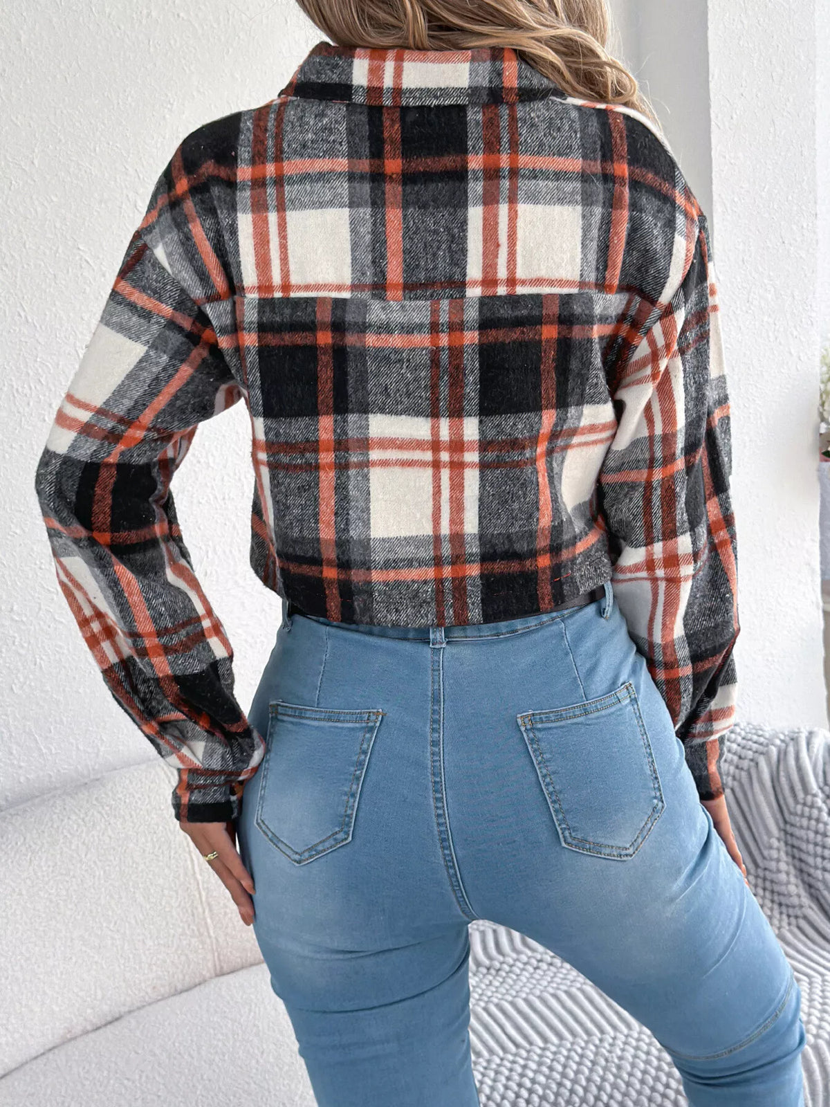 Black plaid button-up cropped jacket, back view