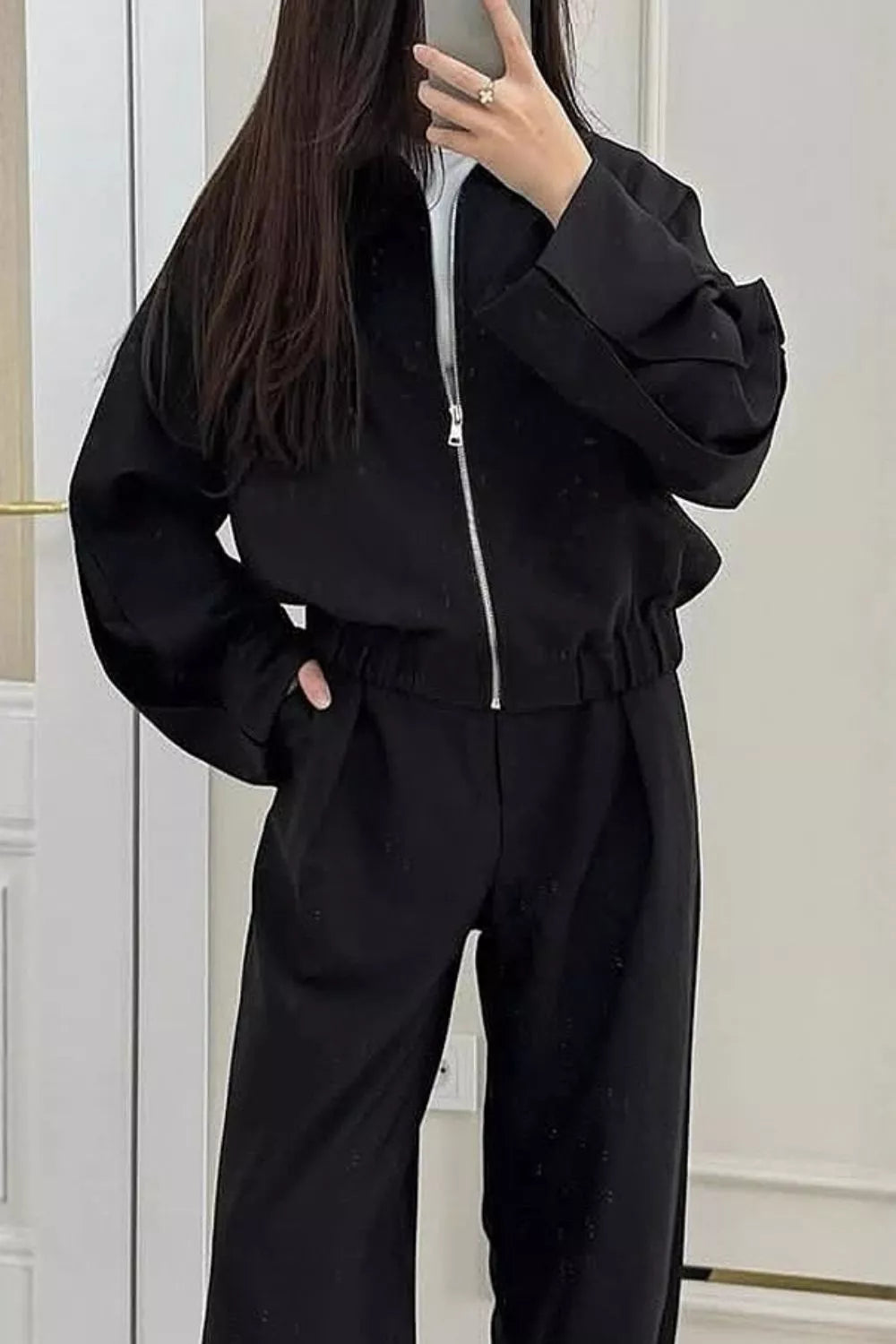 Trendsi Zip-Up Jacket and Wide-Leg Pants Set -