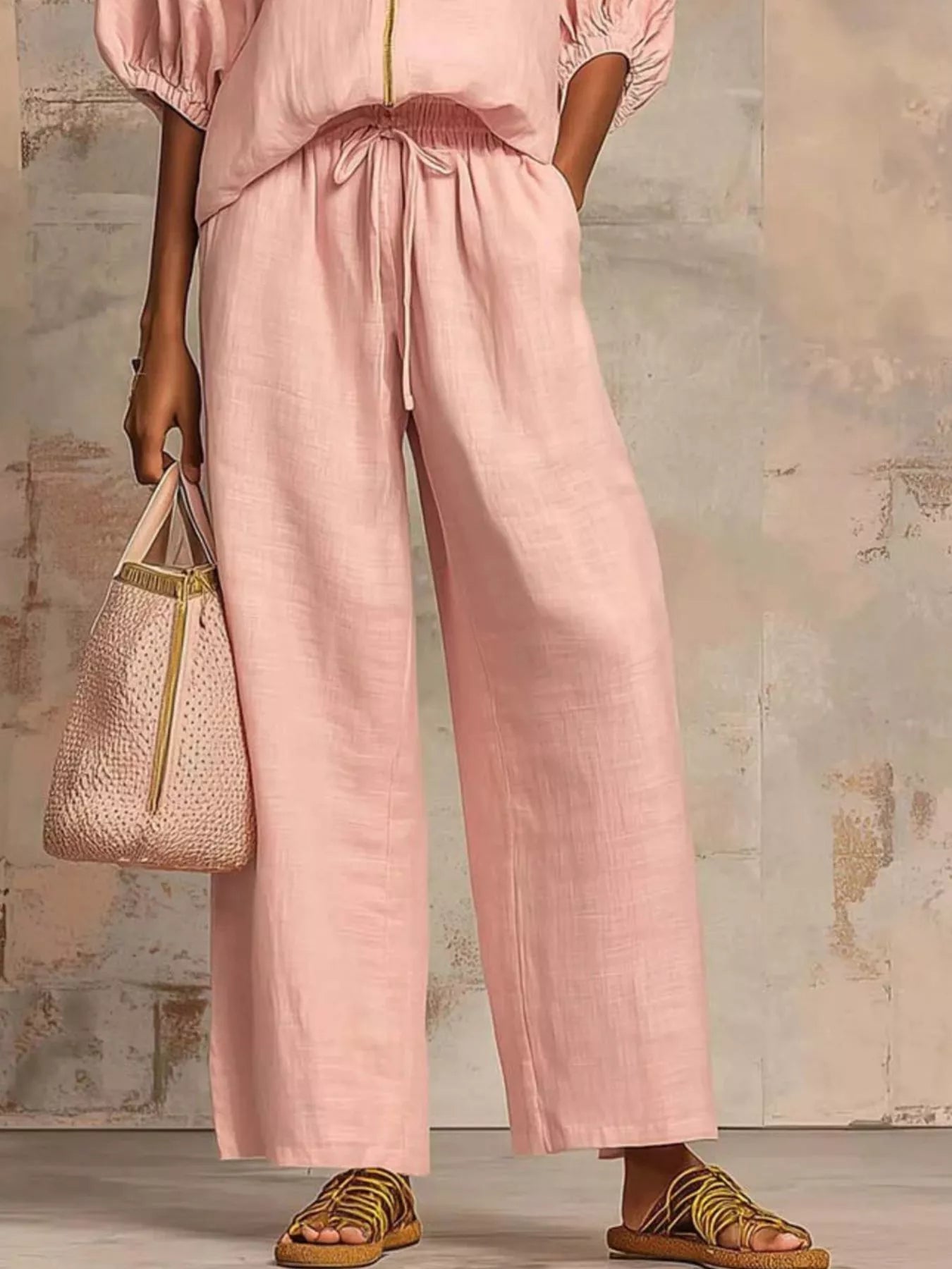 Zip-front top and wide-leg pants set