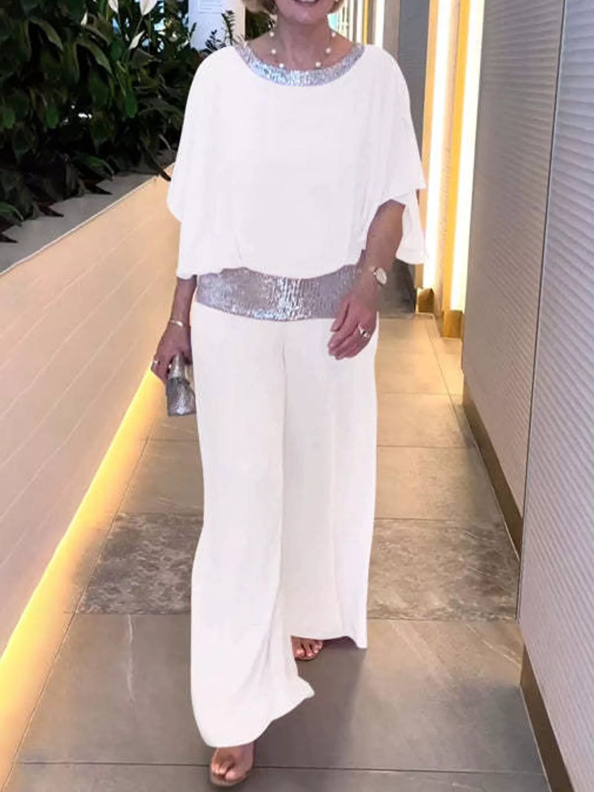 Chiffon Top and Wide-Leg Pants Set — front view