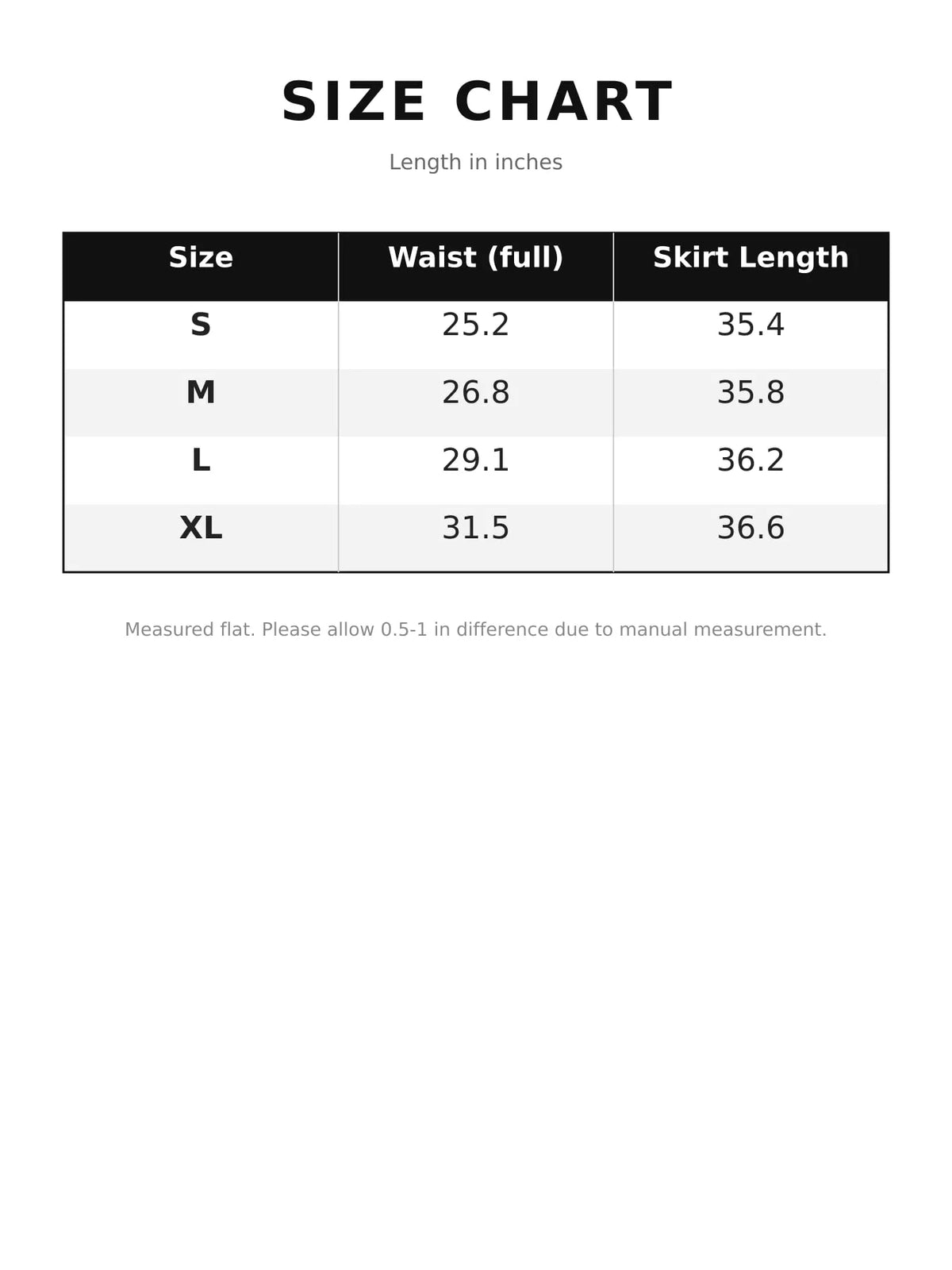 maxi skirt, size and measurement chart