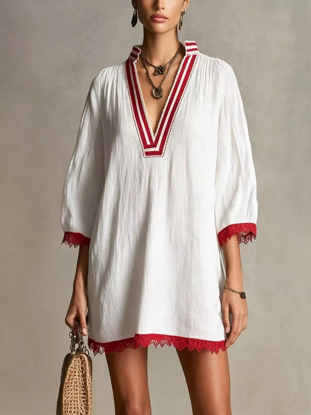 White Lace-Trim Notched Long Sleeve Mini Dress front view